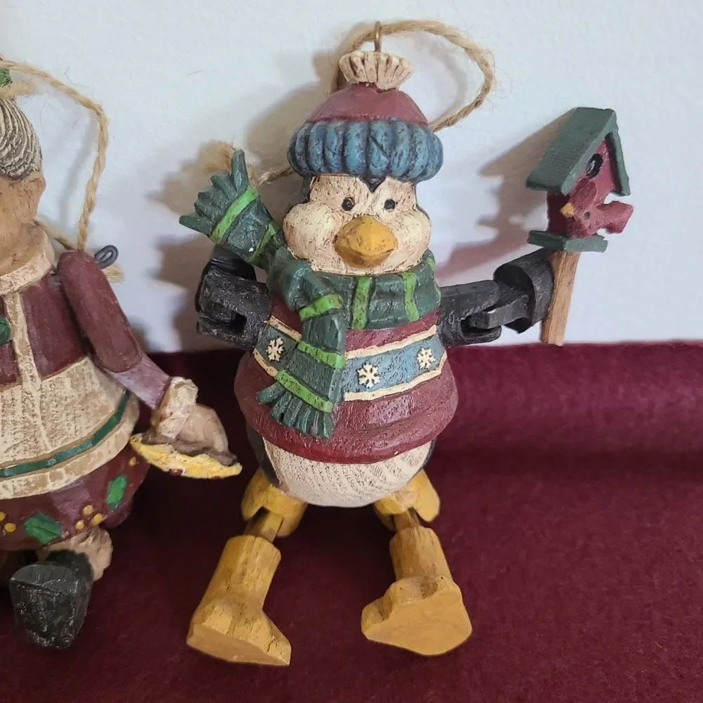Vintage Country Christmas Jointed Resin Woodlook Ornaments Folk Art Rustic